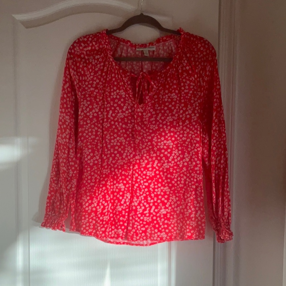 Red Relaxed Long Sleeve Blouse with Mandarin Collar